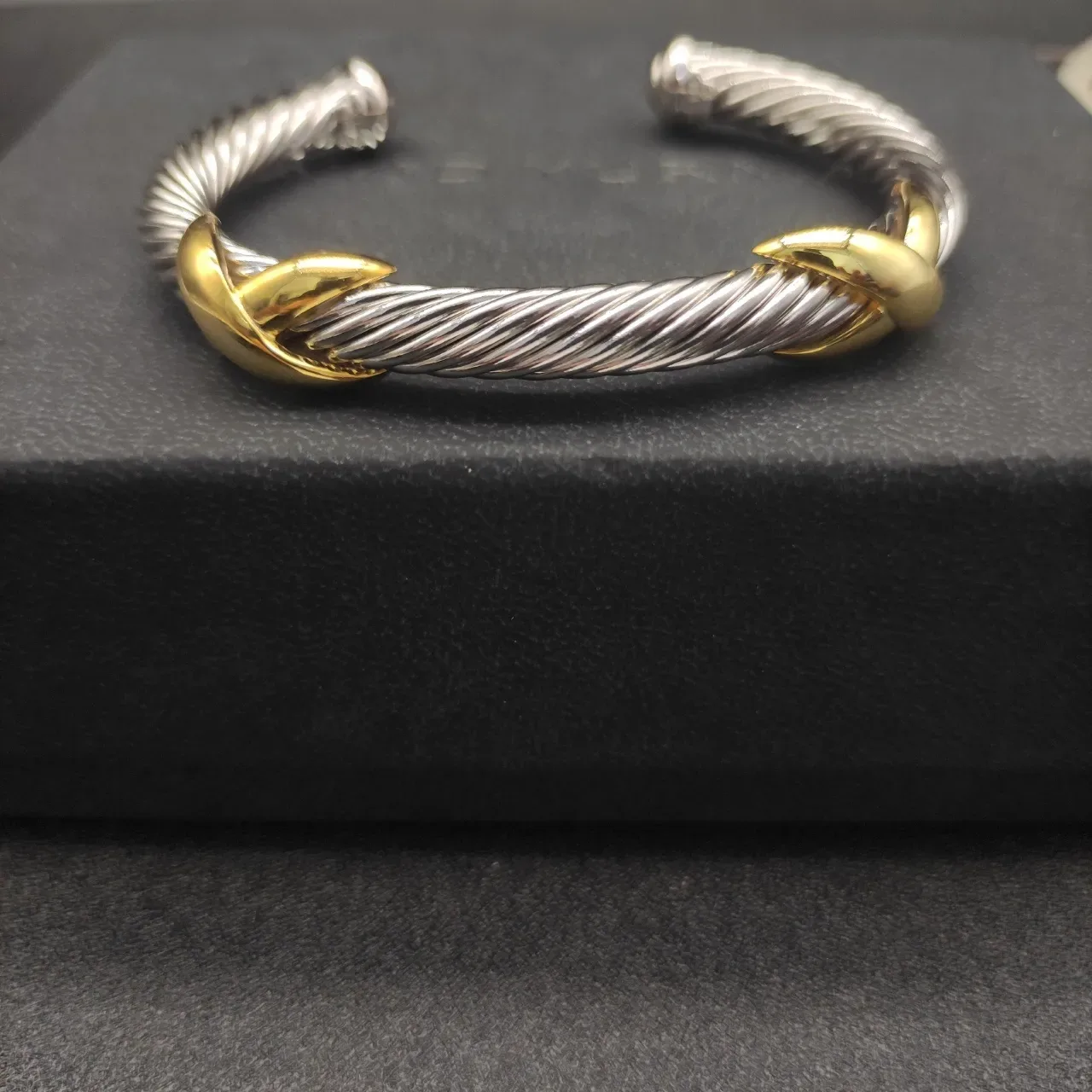 Twisted Cable Two-Tone Leaf Accent Open Cuff Bracelet 7