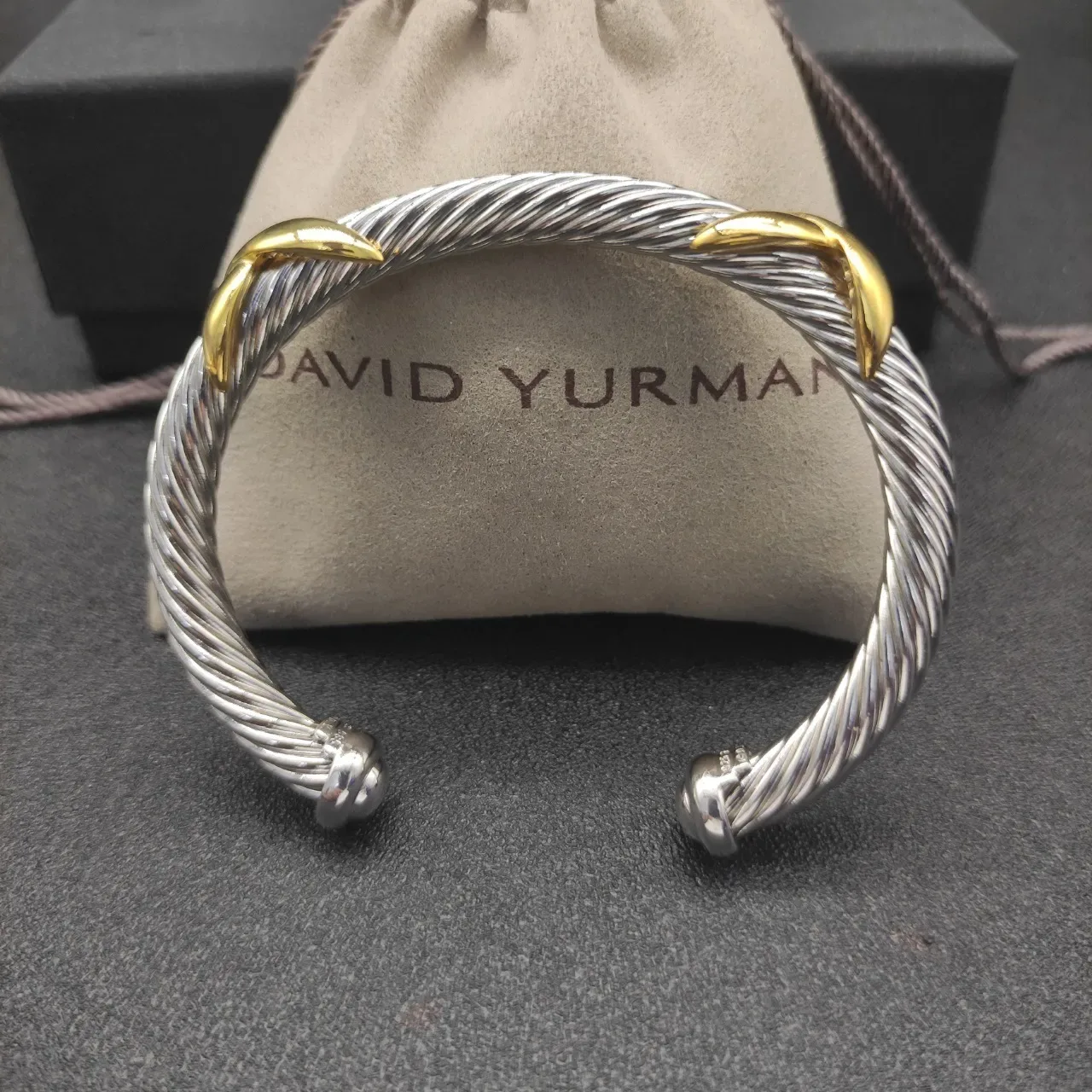 Twisted Cable Two-Tone Leaf Accent Open Cuff Bracelet 8