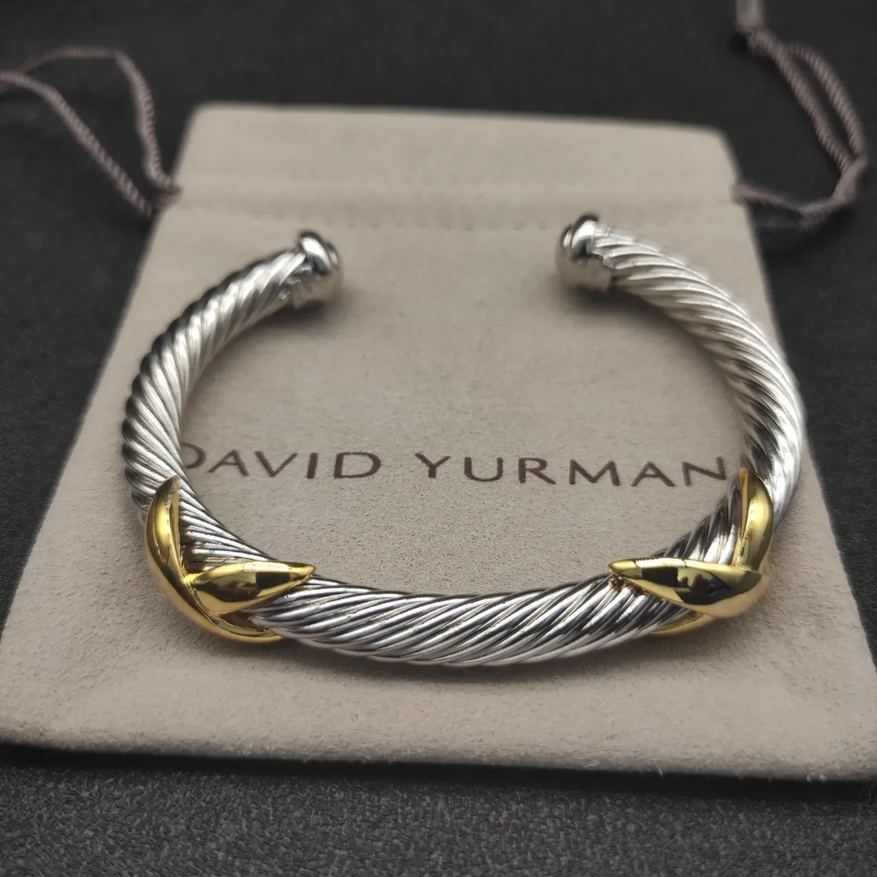 Twisted Cable Two-Tone Leaf Accent Open Cuff Bracelet 9