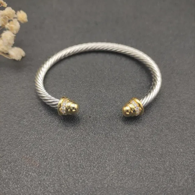 Twisted Cable Two-Tone Pavé End Cap Open Bangle Bracelet 8