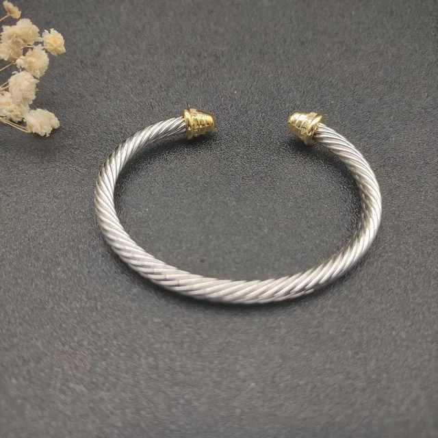 Twisted Cable Two-Tone Pavé End Cap Open Bangle Bracelet 9