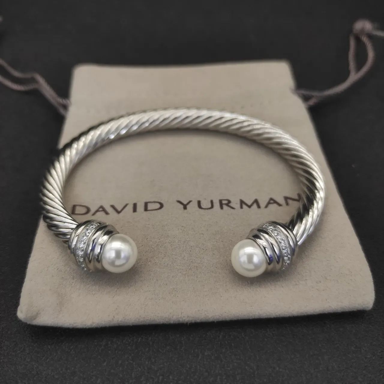 Twisted Cable Wire Pearl-End Pavé Band Bracelet 3