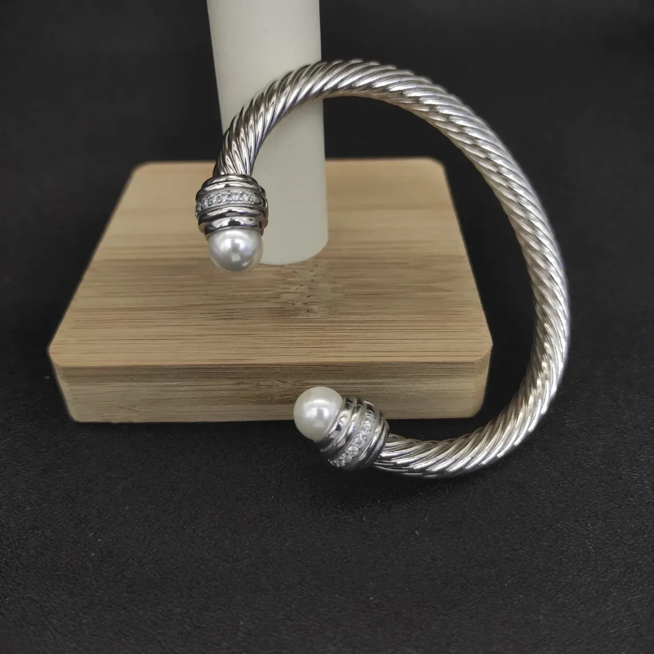 Twisted Cable Wire Pearl-End Pavé Band Bracelet 5