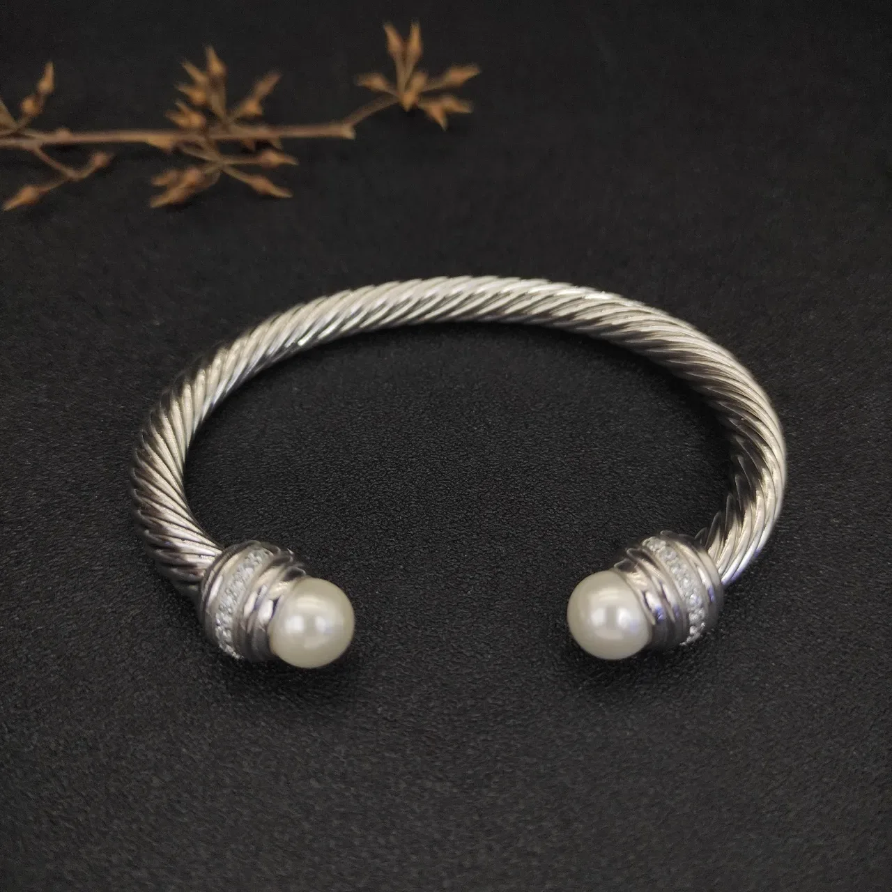 Twisted Cable Wire Pearl-End Pavé Band Bracelet 7