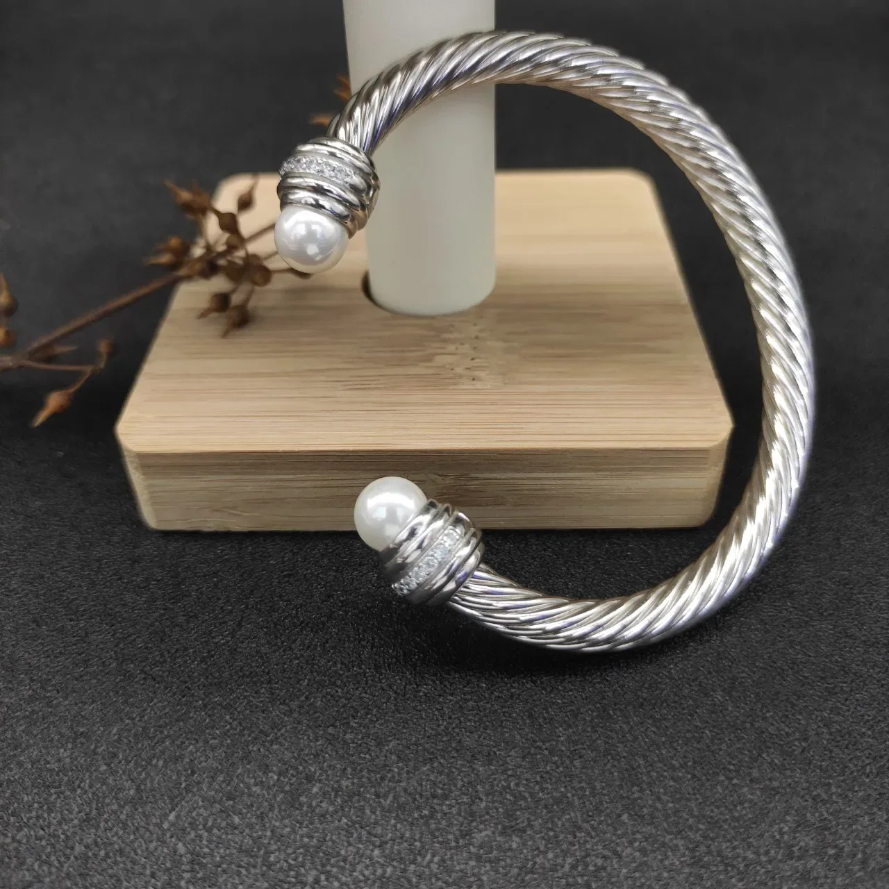 Twisted Cable Wire Pearl-End Pavé Band Bracelet 9