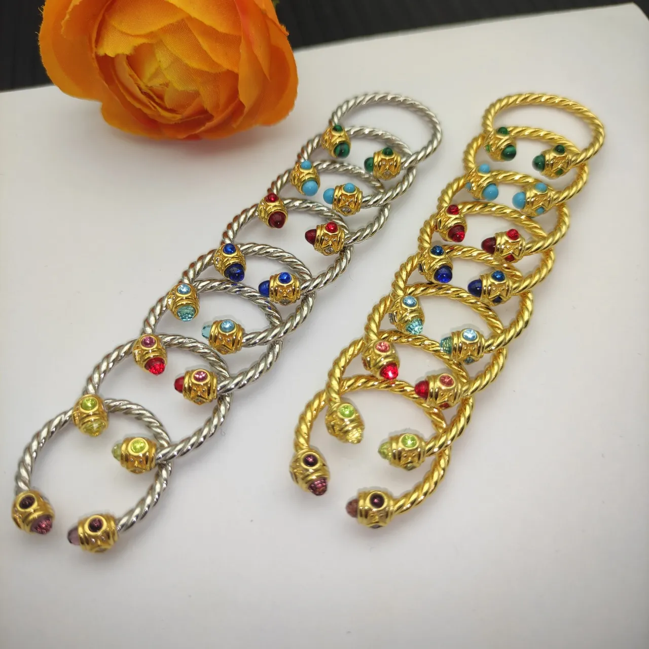 Twisted Rope Band Dual Gem Terminal Open Ring 4