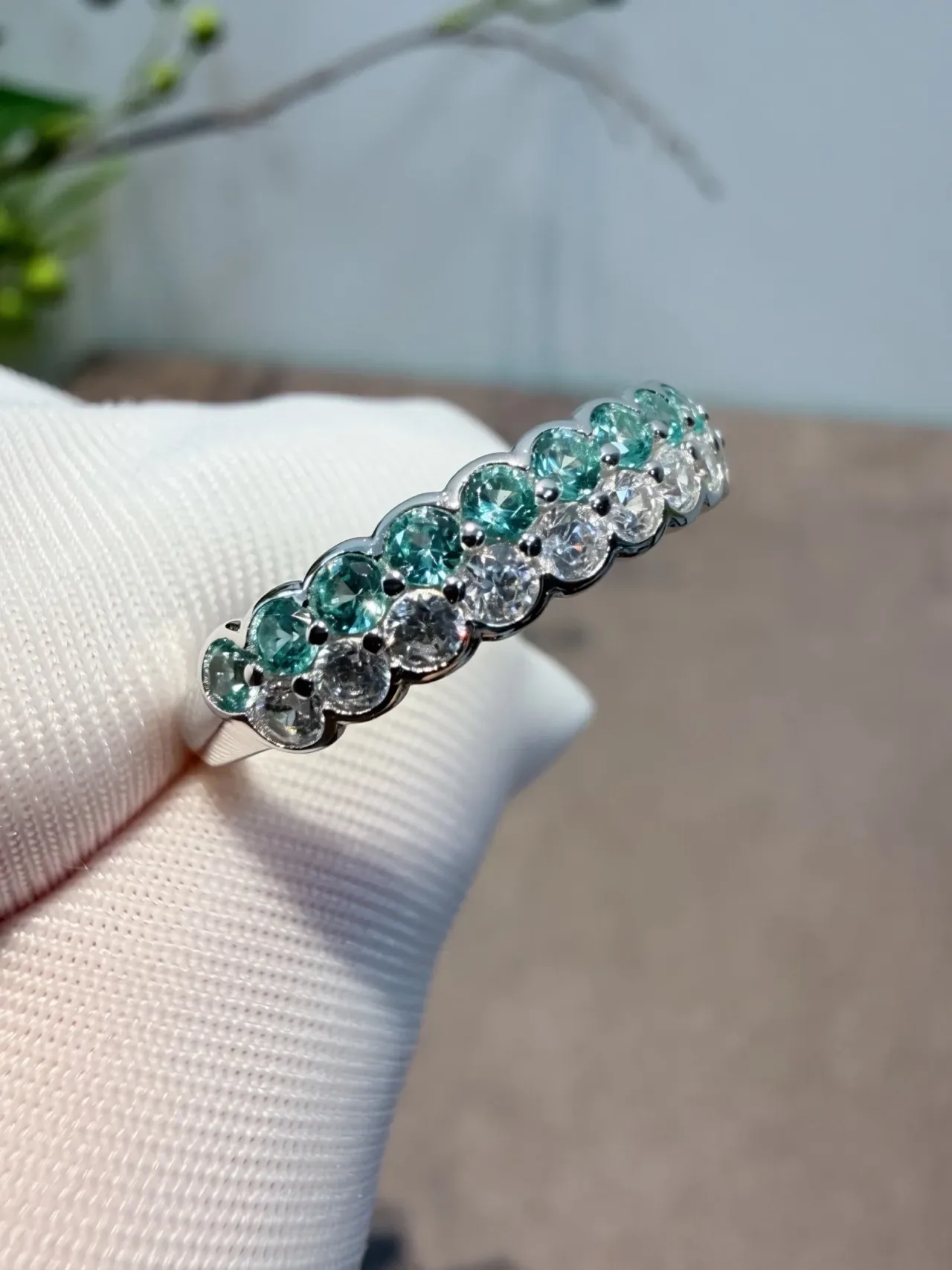 Two-Row Alternating Teal and Clear Gemstone Eternity Ring 4