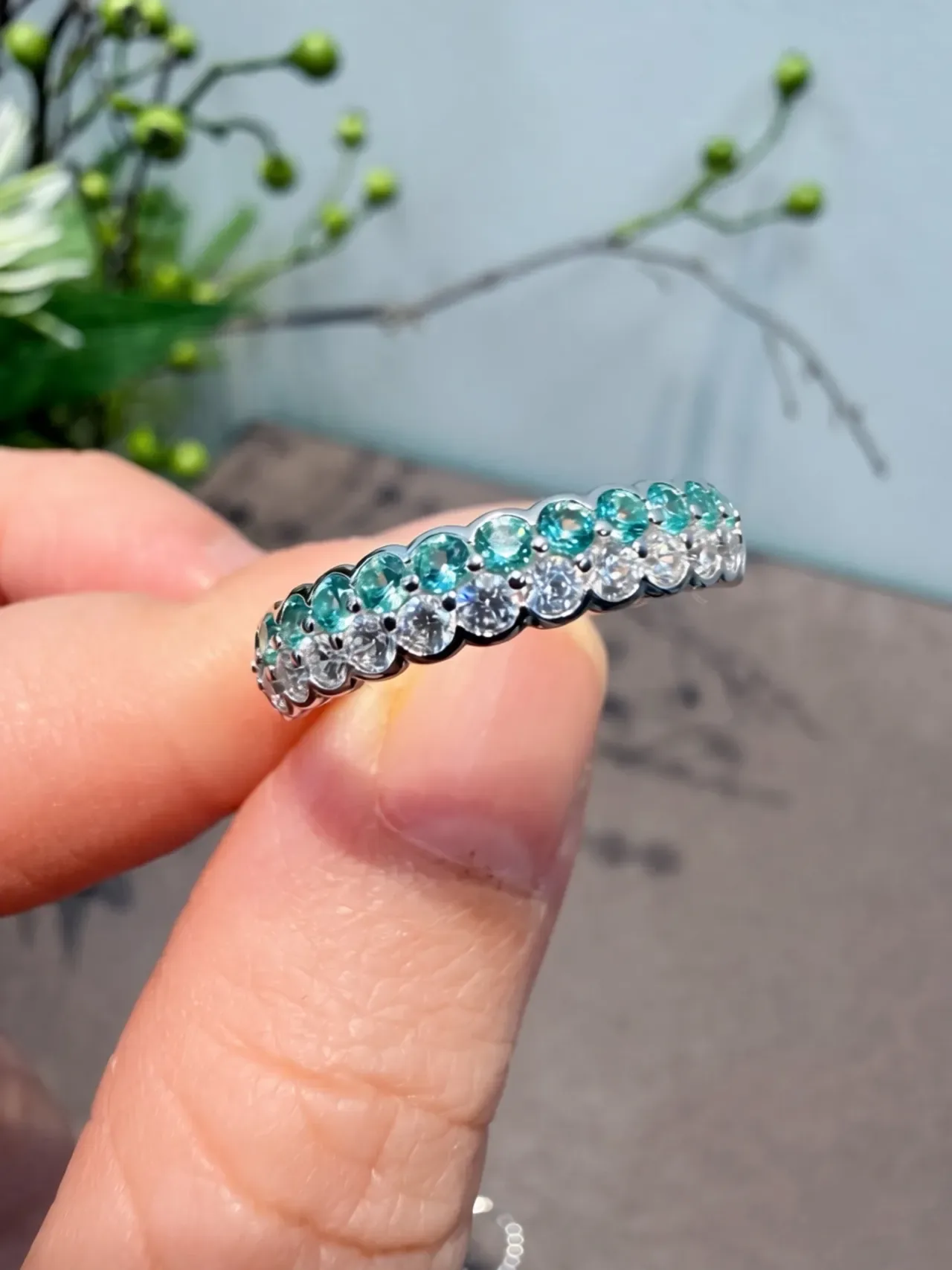 Two-Row Alternating Teal and Clear Gemstone Eternity Ring 6
