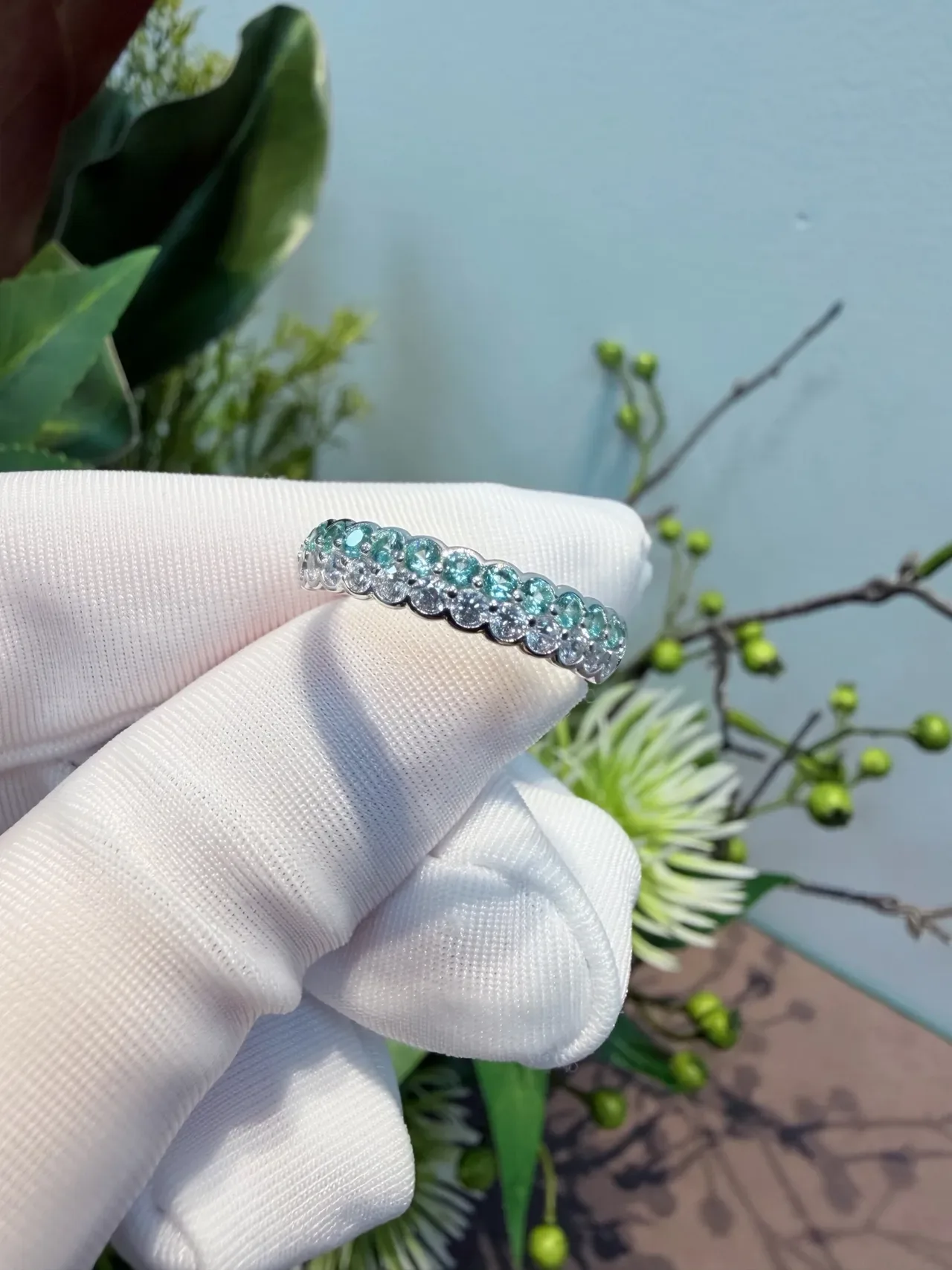 Two-Row Alternating Teal and Clear Gemstone Eternity Ring 7