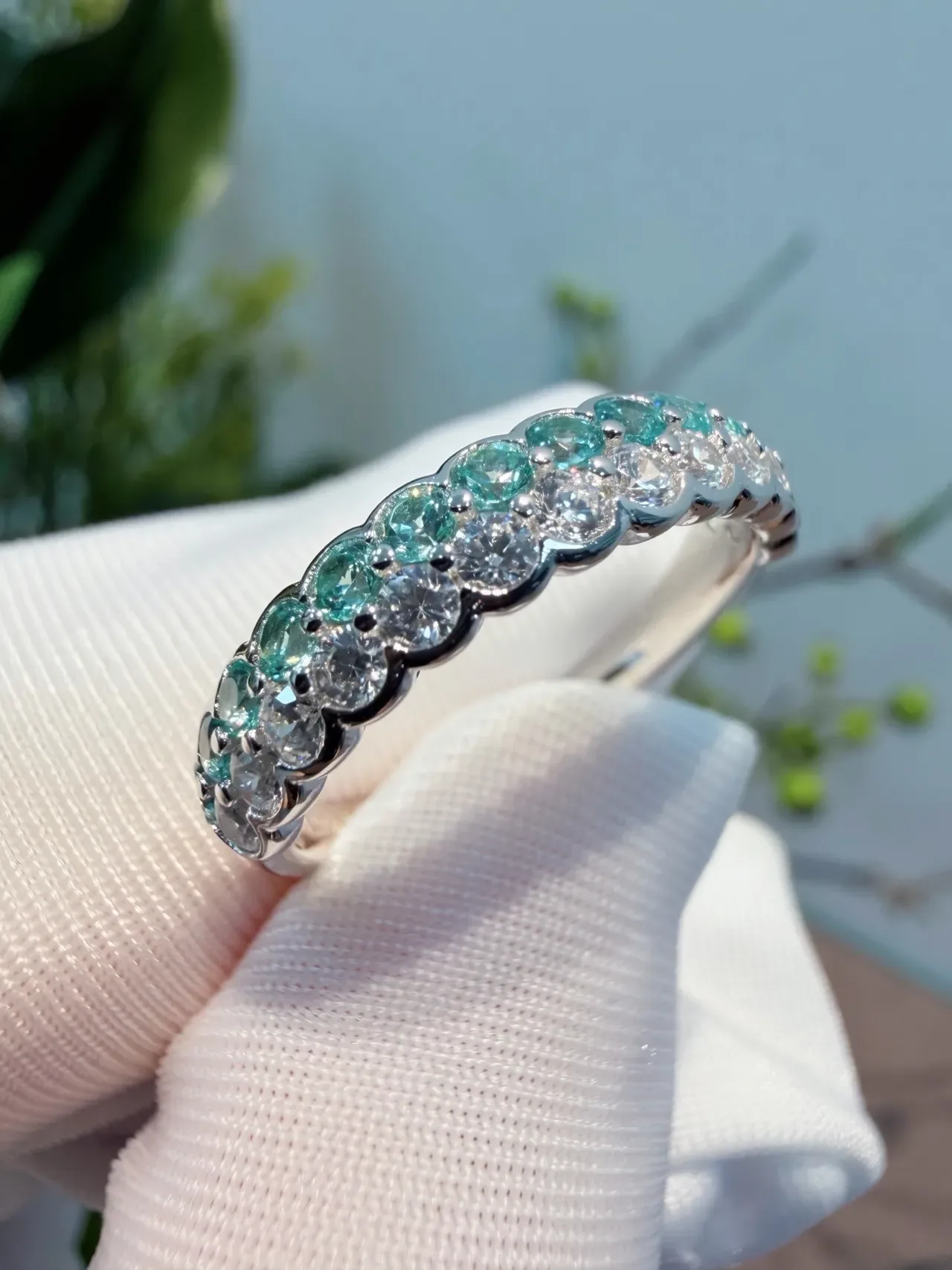Two-Row Alternating Teal and Clear Gemstone Eternity Ring 8