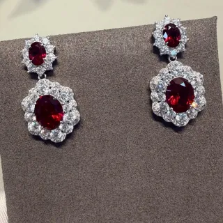 Two-Tier Floral Halo Oval Red Gemstone Pavé Earrings