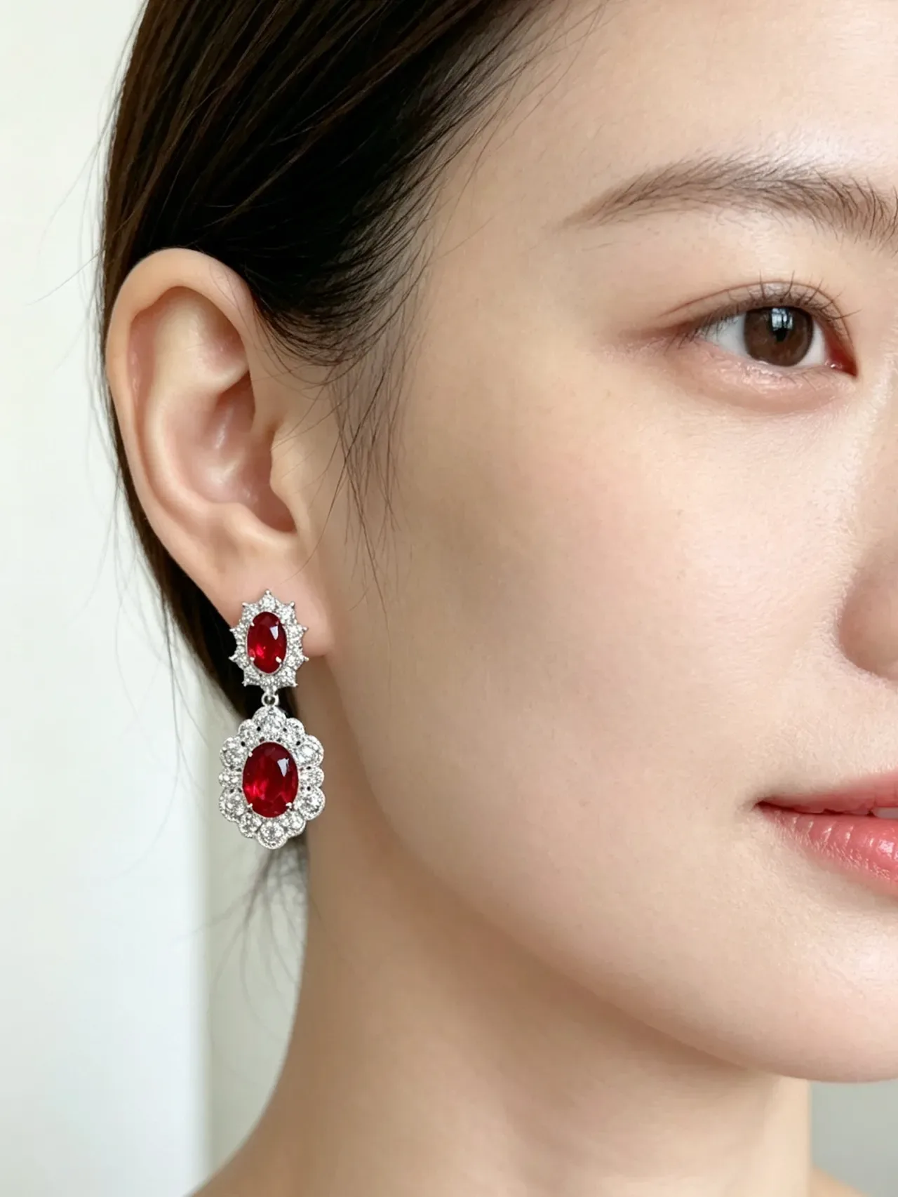 Two-Tier Floral Halo Oval Red Gemstone Pavé Earrings 2