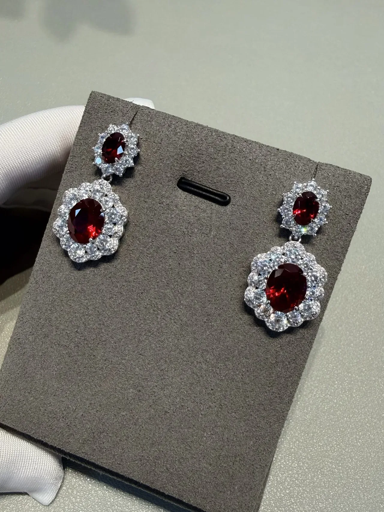 Two-Tier Floral Halo Oval Red Gemstone Pavé Earrings 3
