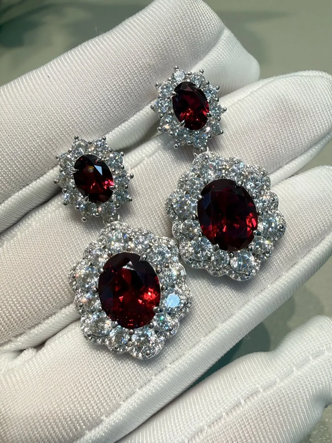 Two-Tier Floral Halo Oval Red Gemstone Pavé Earrings 4