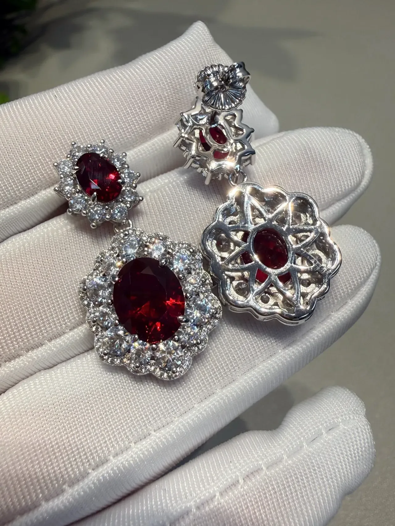 Two-Tier Floral Halo Oval Red Gemstone Pavé Earrings 5
