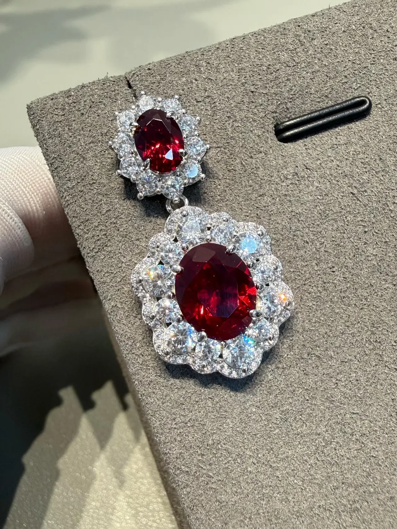 Two-Tier Floral Halo Oval Red Gemstone Pavé Earrings 6