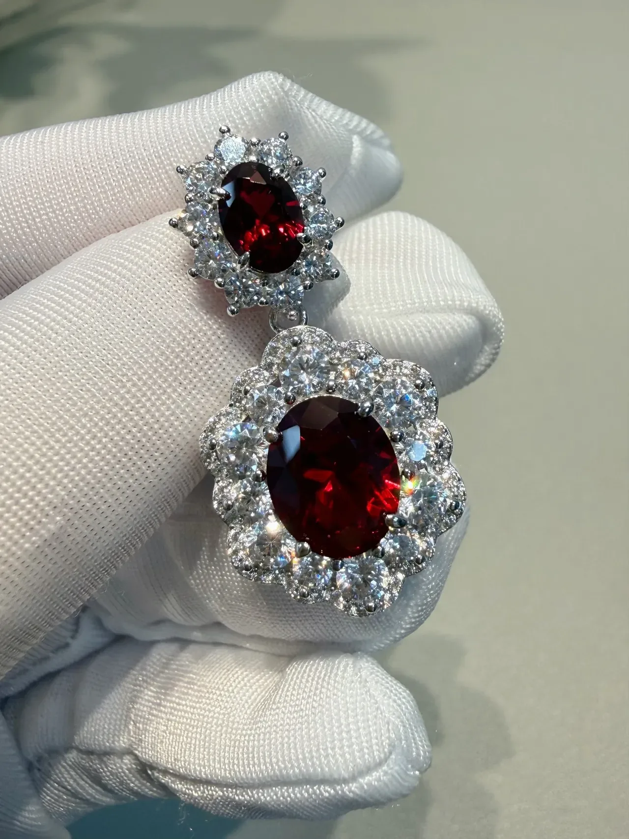 Two-Tier Floral Halo Oval Red Gemstone Pavé Earrings 7