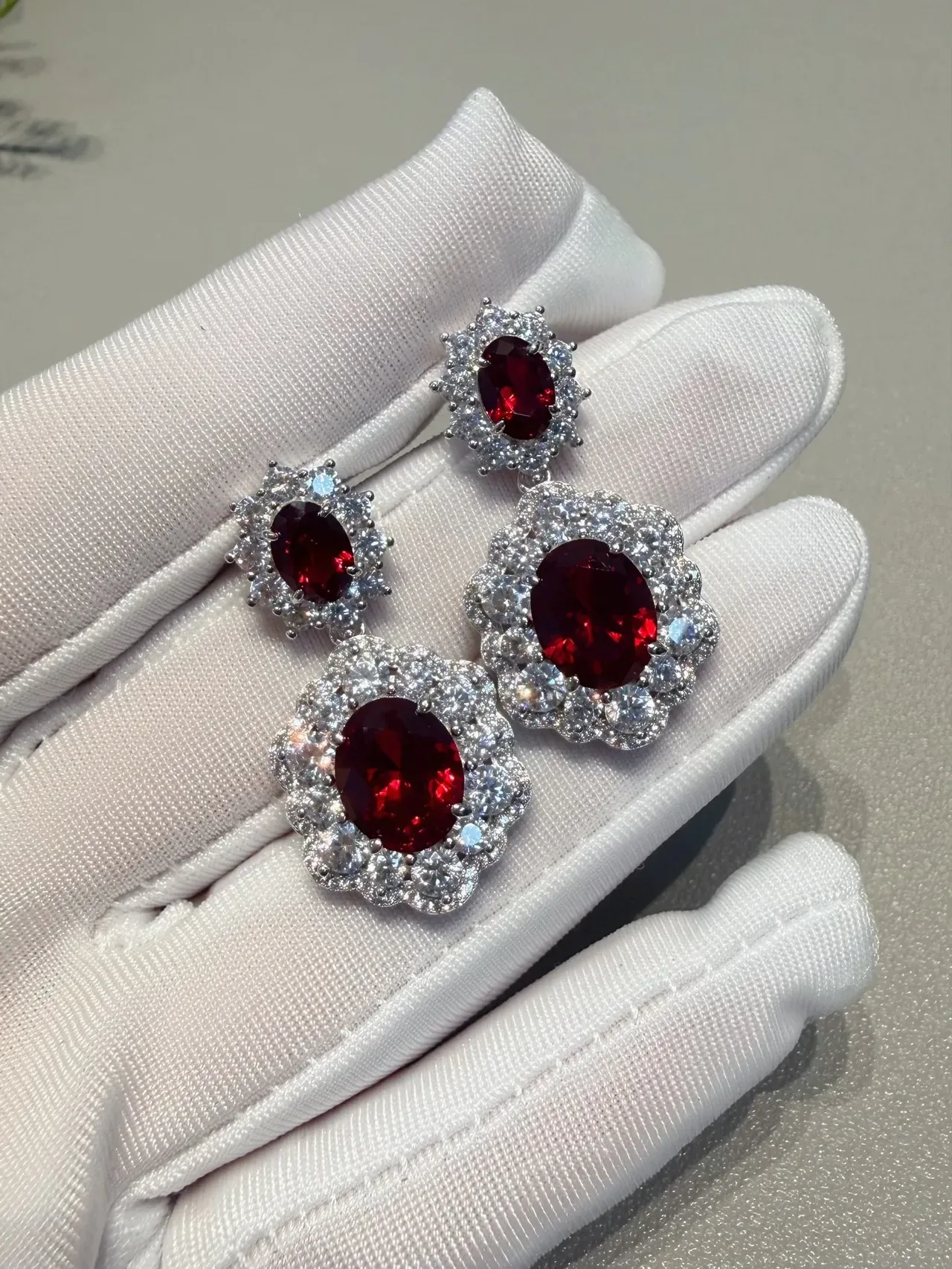 Two-Tier Floral Halo Oval Red Gemstone Pavé Earrings 8