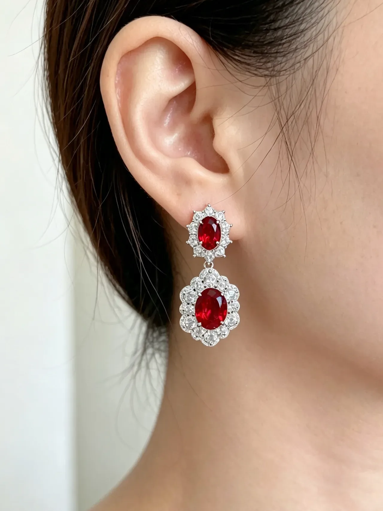 Two-Tier Floral Halo Oval Red Gemstone Pavé Earrings 9
