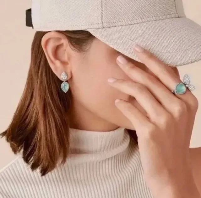 Two-Tier Heart-Shaped Pavé and Aqua Stone Drop Earrings 9