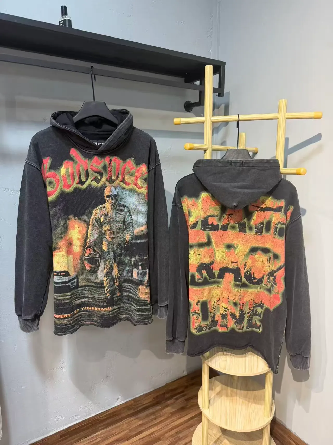 Washed Black Distressed Graphic Print Oversized Hoodie 5