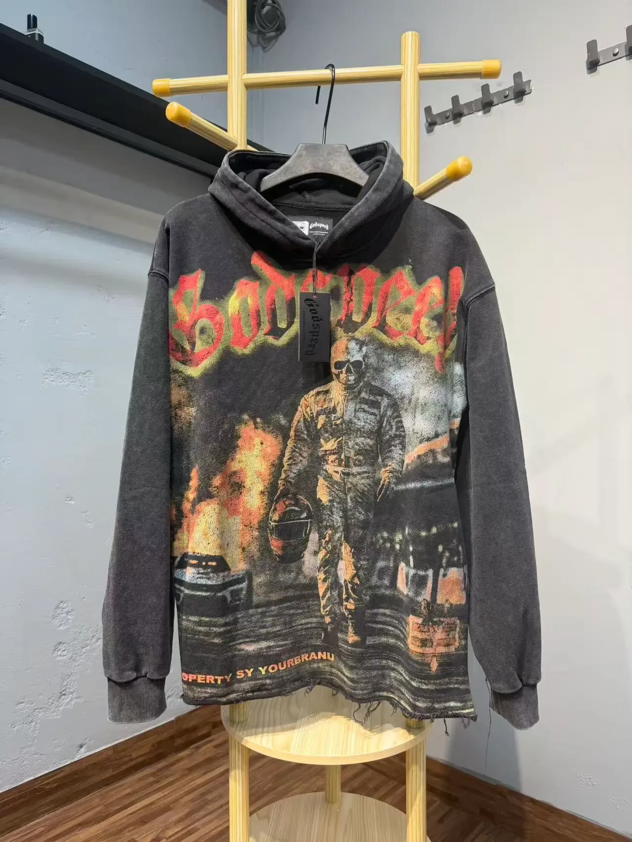 Washed Black Distressed Graphic Print Oversized Hoodie 6