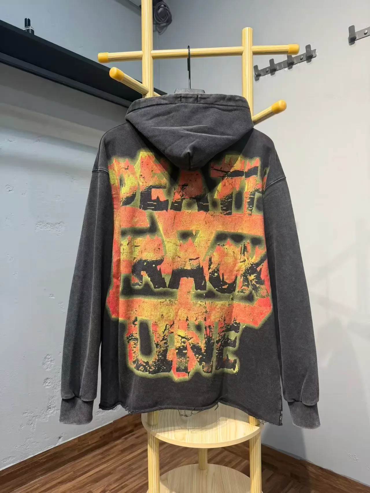 Washed Black Distressed Graphic Print Oversized Hoodie 7