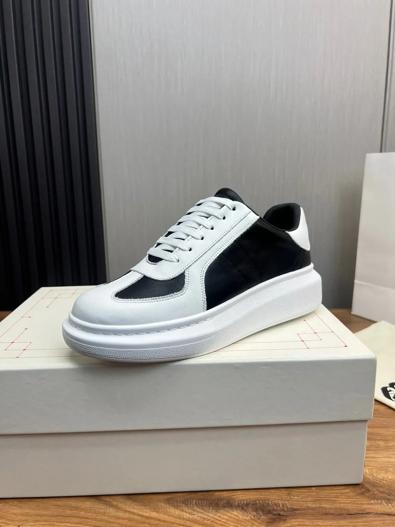 White and Black Color-Blocked Platform Low-Top Sneakers 1