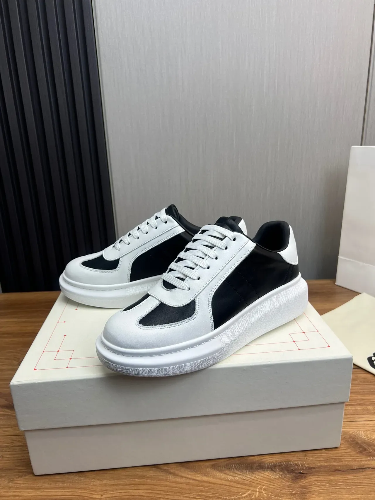 White and Black Color-Blocked Platform Low-Top Sneakers 9