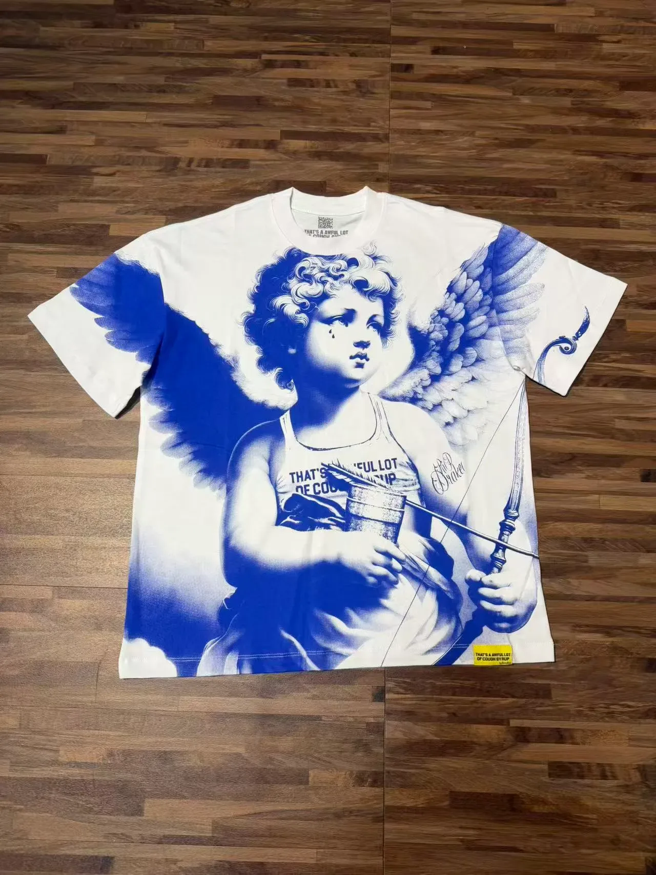 White and Blue Graphic Angel Motif T-Shirt 5
