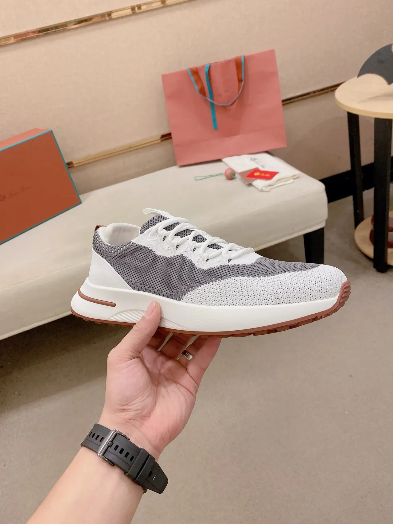 White and Gray Knit Color-Blocked Lifestyle Sneaker 4