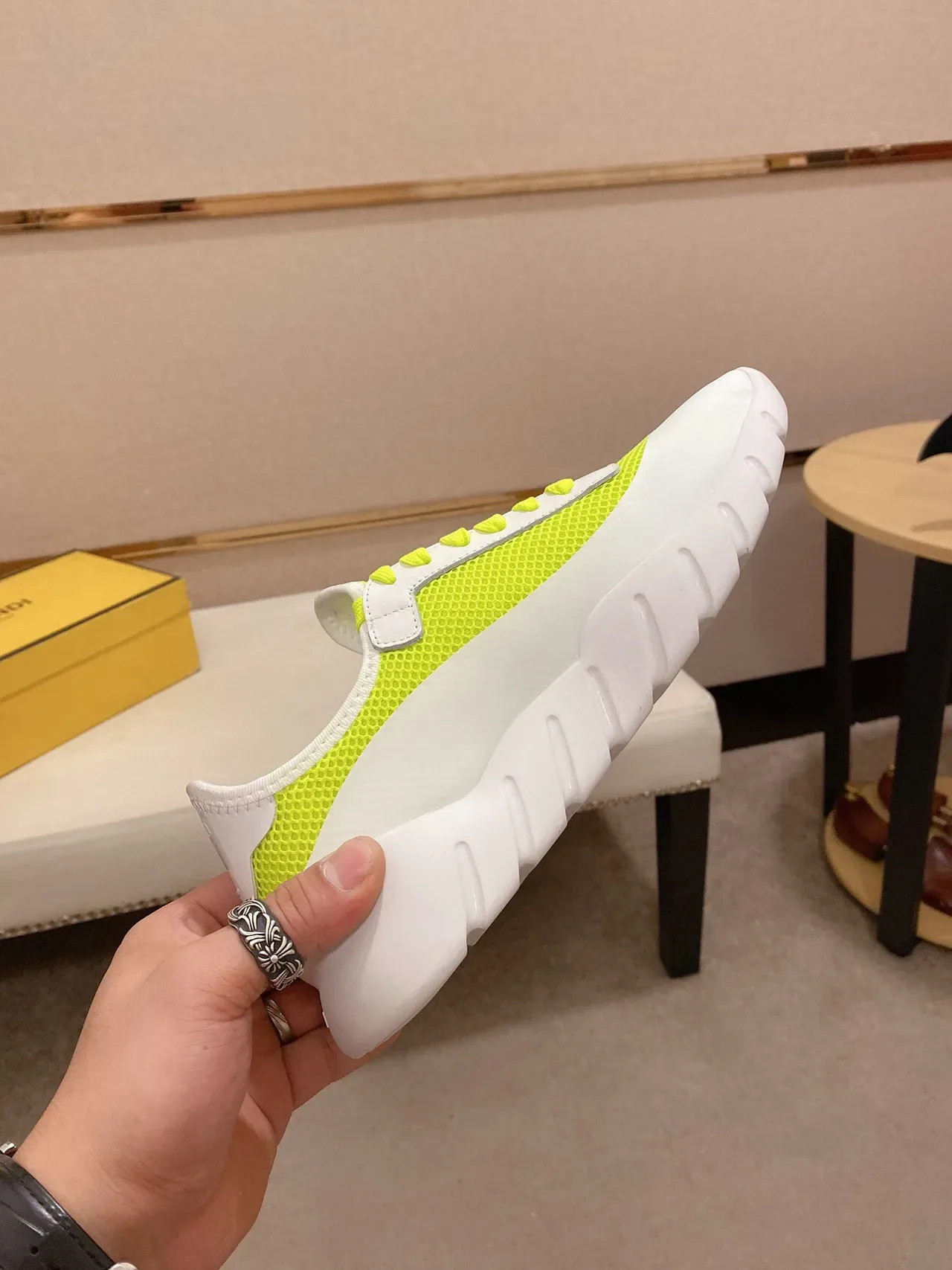 White and Neon Lime Mesh Overlay Chunky Lifestyle Sneaker 6