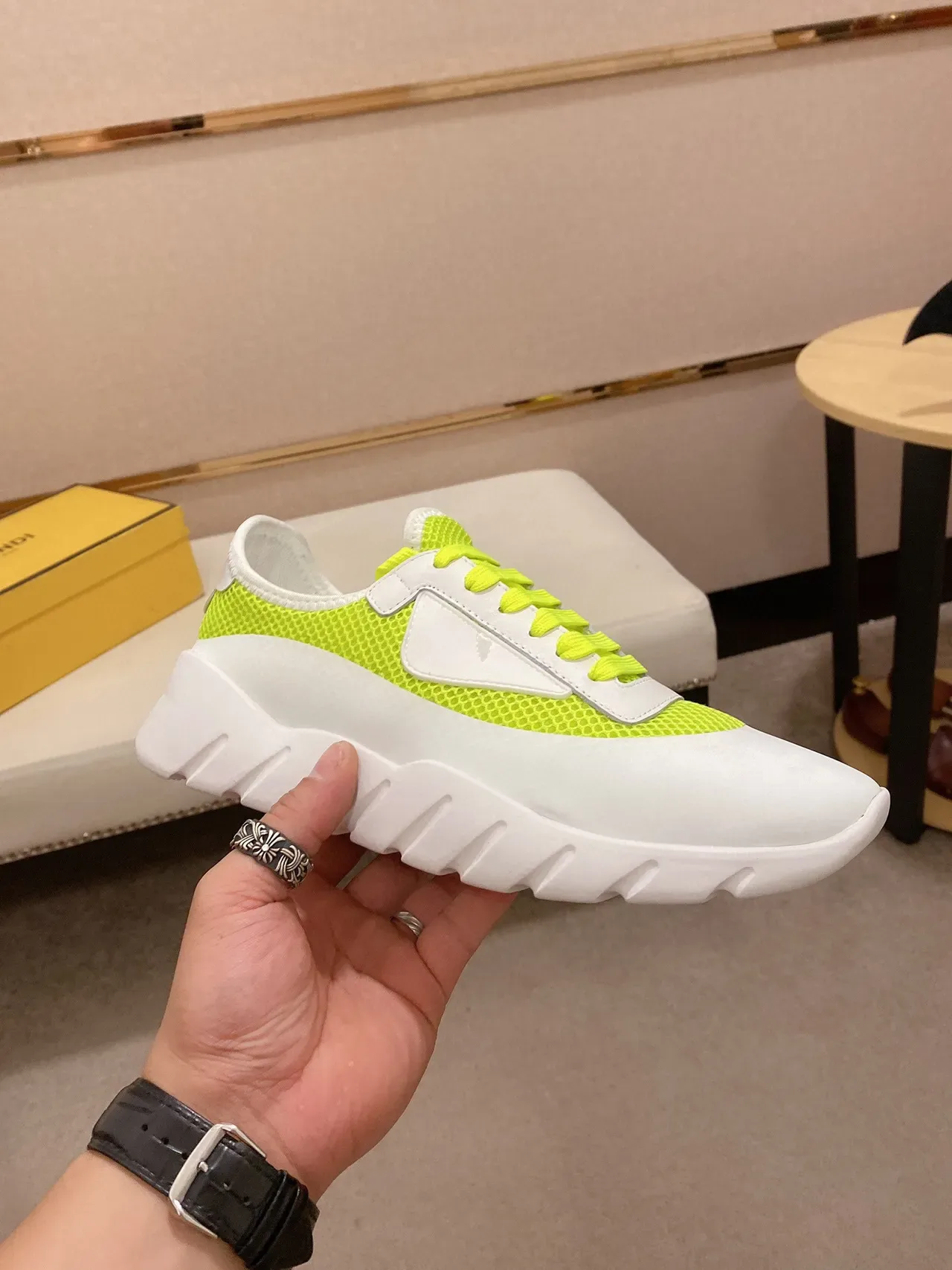 White and Neon Lime Mesh Overlay Chunky Lifestyle Sneaker 7