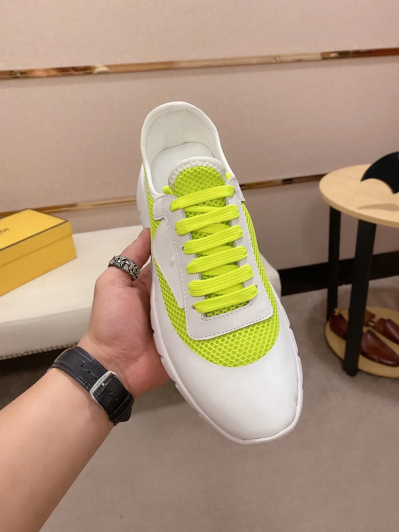 White and Neon Lime Mesh Overlay Chunky Lifestyle Sneaker 9