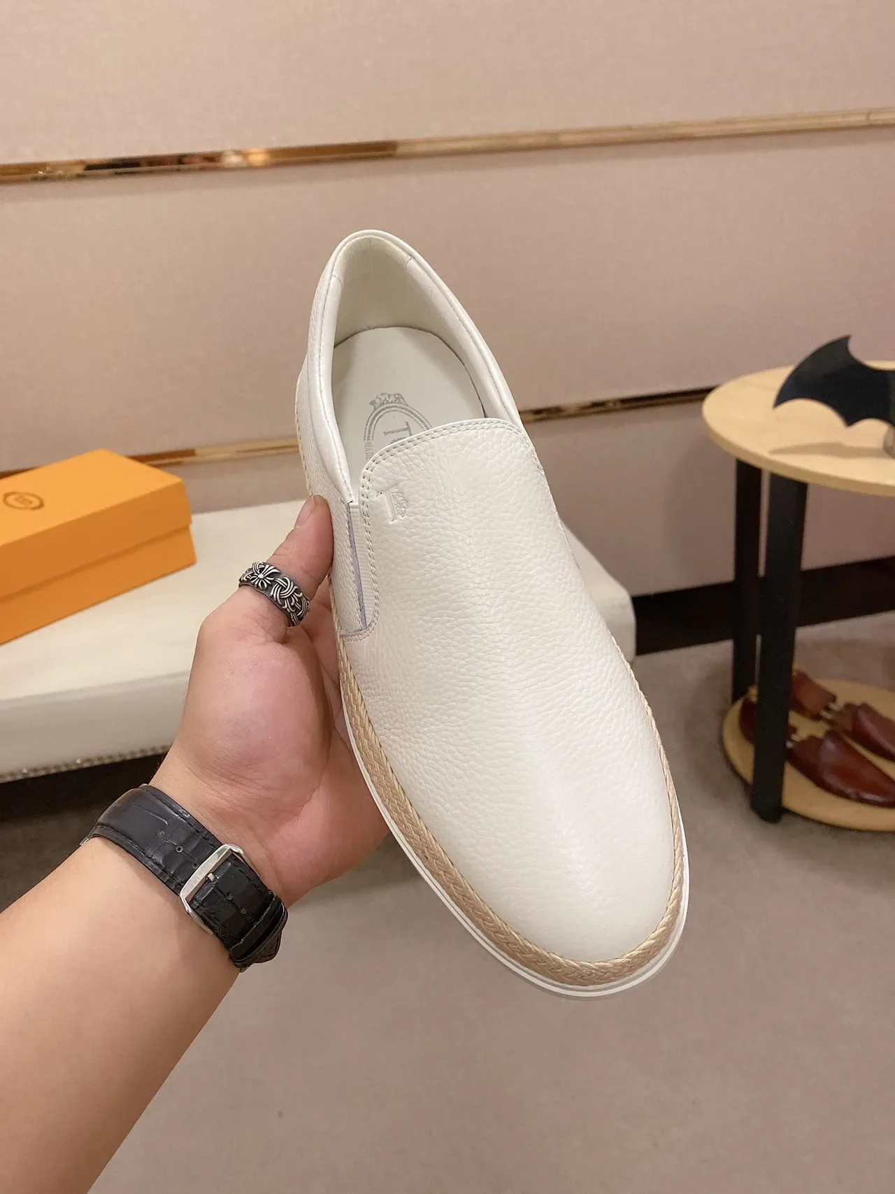 Chaussures Bateau Blanc Beige Cuir Grainé Jute Tressé Bande Milieu Semelle 3