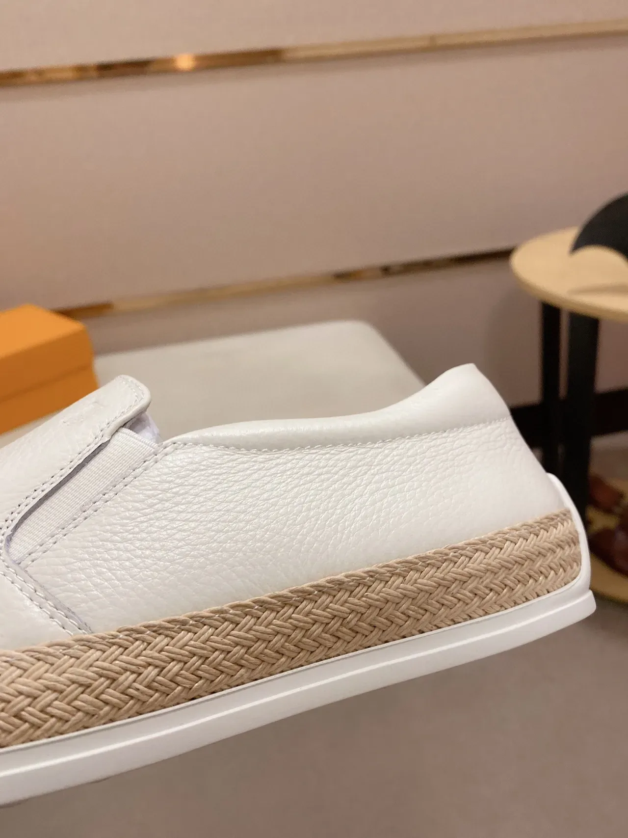 Chaussures Bateau Blanc Beige Cuir Grainé Jute Tressé Bande Milieu Semelle 5
