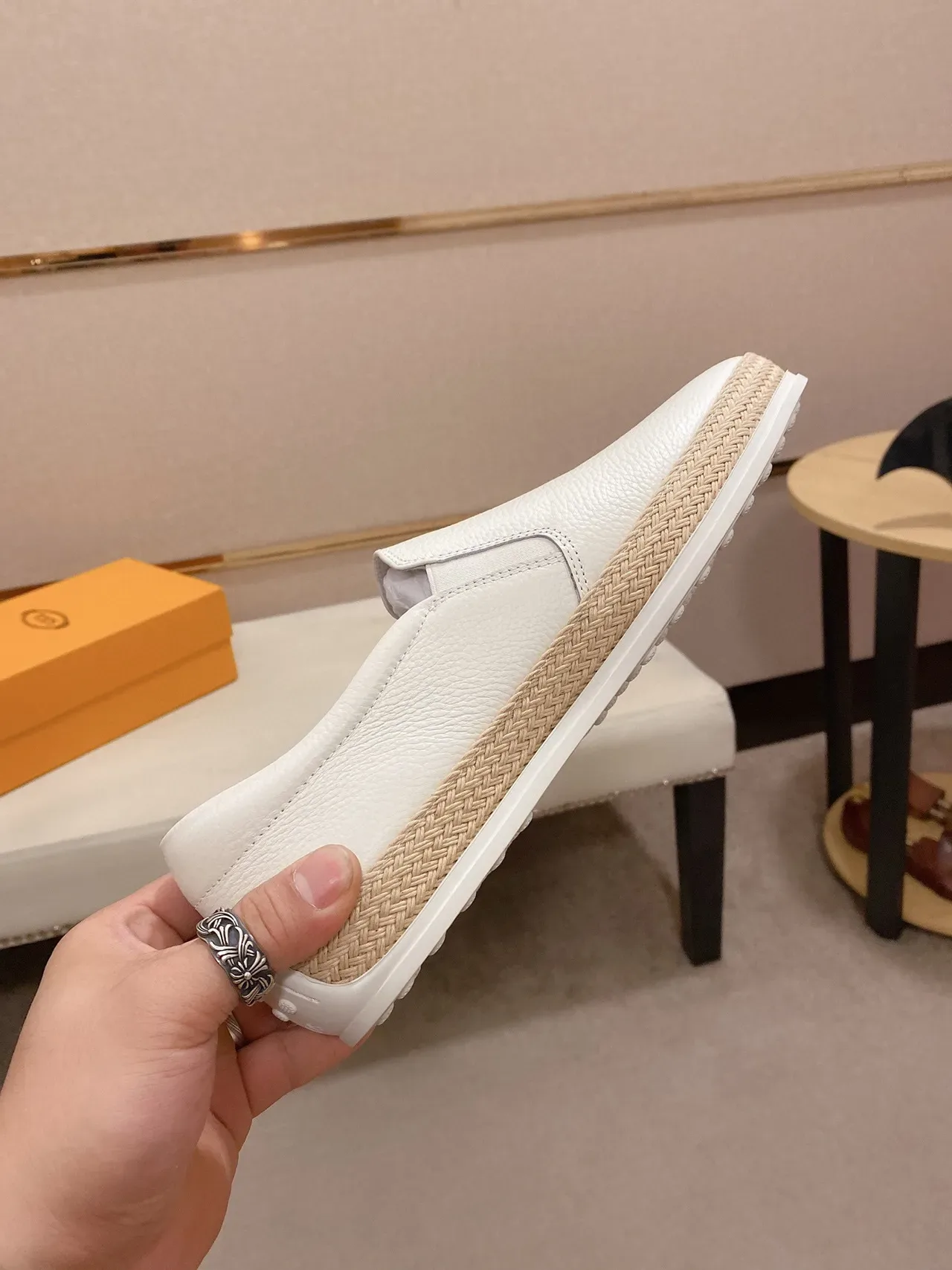 Chaussures Bateau Blanc Beige Cuir Grainé Jute Tressé Bande Milieu Semelle 7