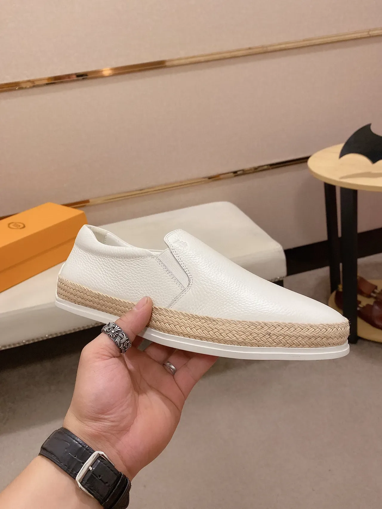 Chaussures Bateau Blanc Beige Cuir Grainé Jute Tressé Bande Milieu Semelle 8