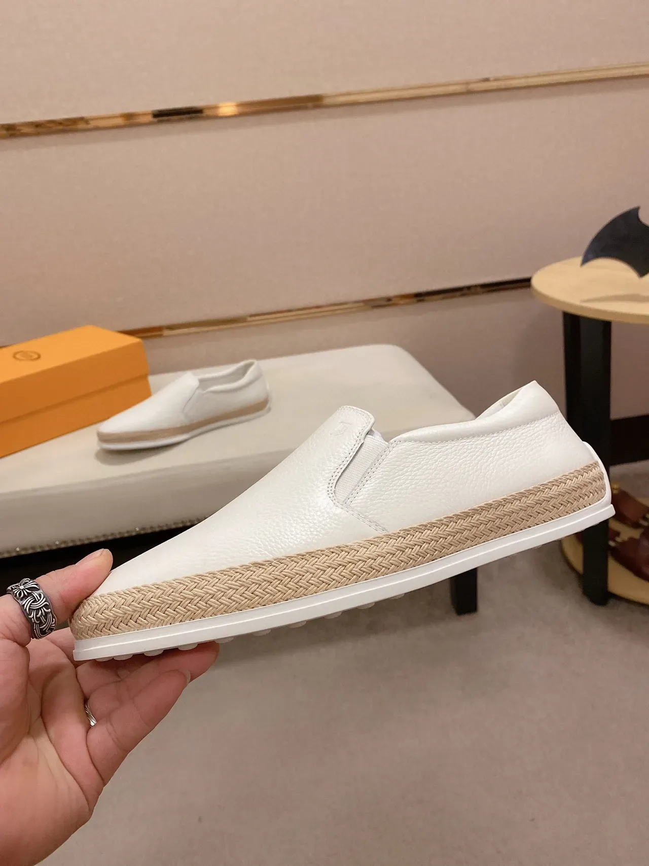 Chaussures Bateau Blanc Beige Cuir Grainé Jute Tressé Bande Milieu Semelle 9