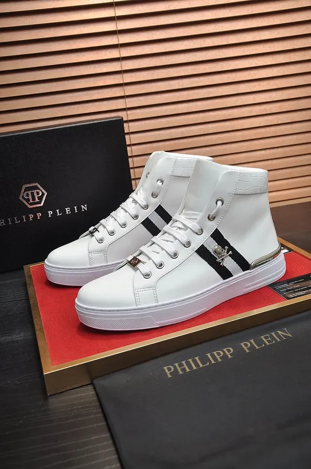 White Black High-Top Leather Sneakers 7