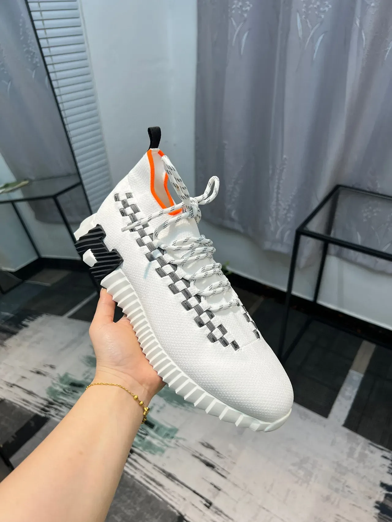 White Black Knit Upper Checkerboard Strap Detail Sneakers 2