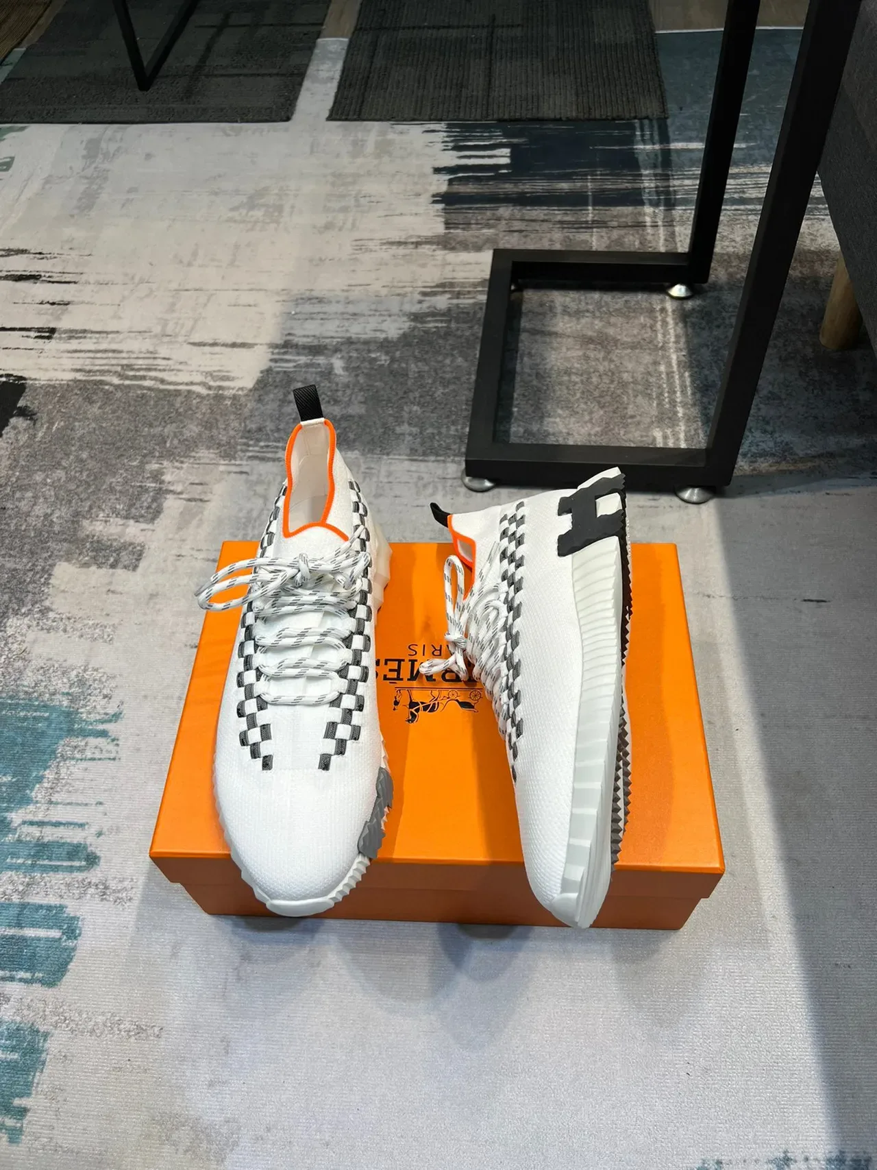 White Black Knit Upper Checkerboard Strap Detail Sneakers 5