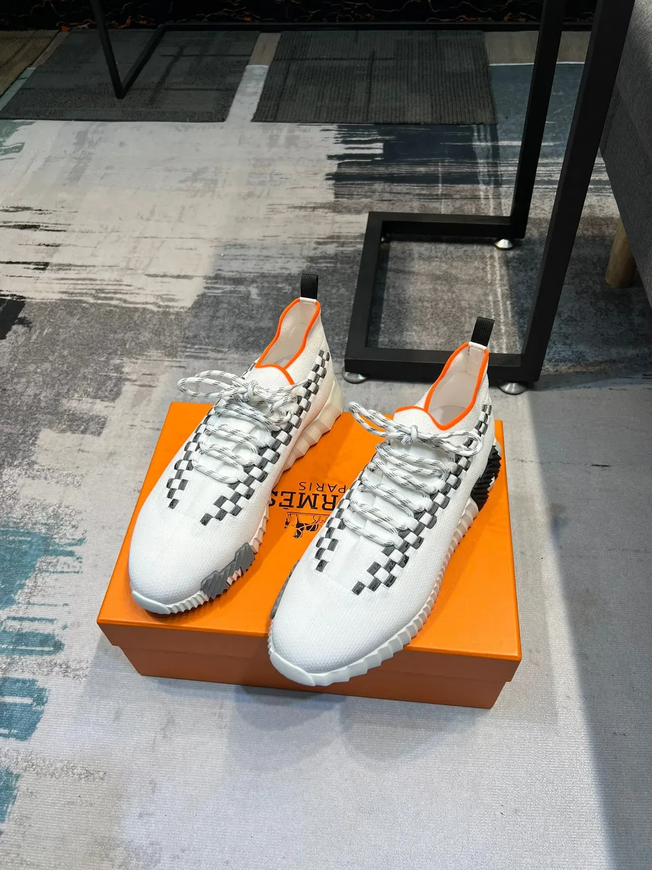 White Black Knit Upper Checkerboard Strap Detail Sneakers 6