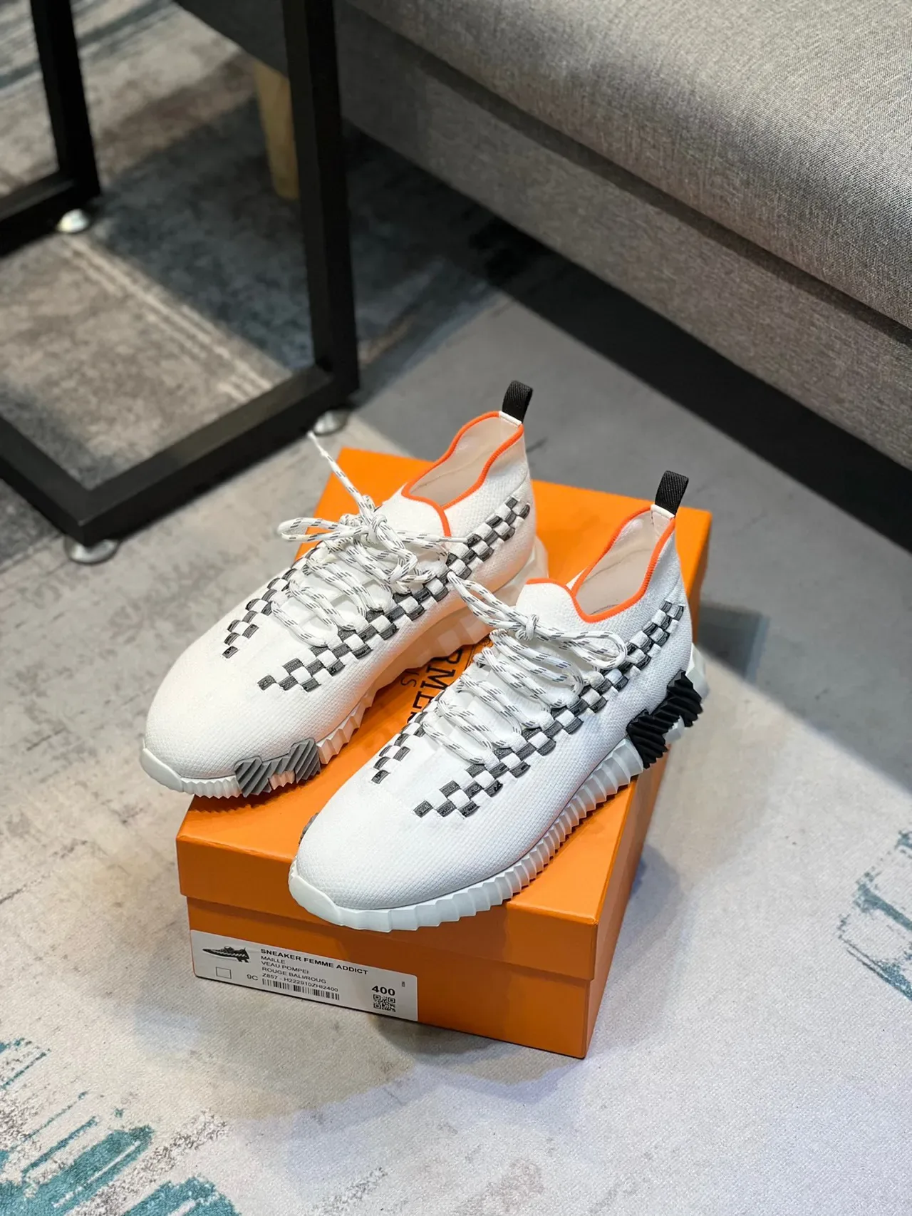 White Black Knit Upper Checkerboard Strap Detail Sneakers 7