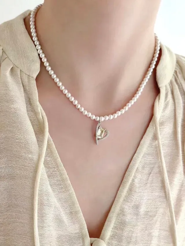 White Blue Pearl Strand Enamel Floral Pendant Necklace 7