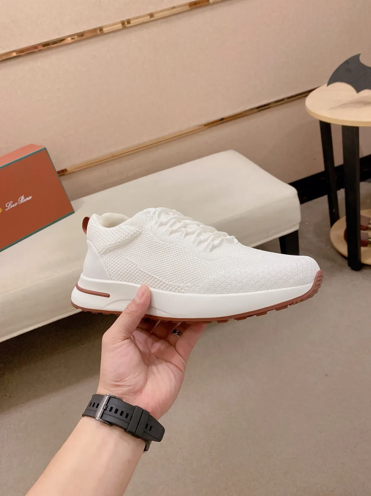 White Brown Knit Mesh Upper Chunky Sculpted Midsole Sneakers 5