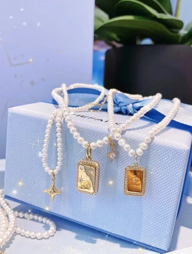 White Gold Pearl Strand Rectangular Charm Necklace 3