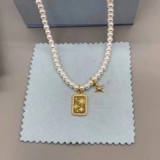 White Gold Pearl Strand Rectangular Charm Necklace 4