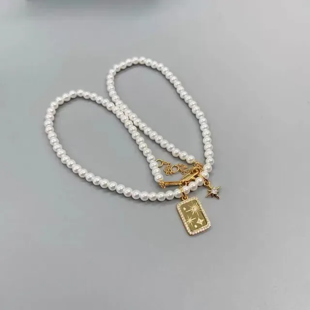 White Gold Pearl Strand Rectangular Charm Necklace 5