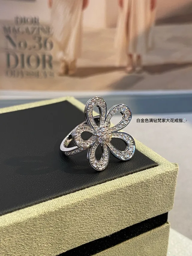 White Gold Tone Pavé Flower Ring 6